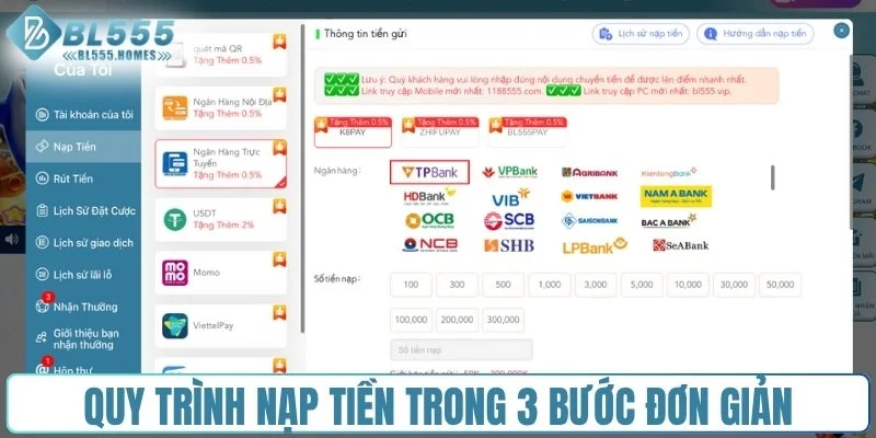 Quy trình nạp tiền trong 3 bước đơn giản