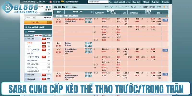 SABA cung cấp kèo thể thao trước/trong trận